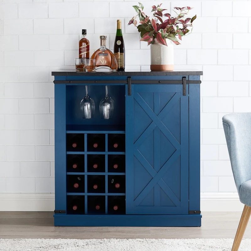 37 in. Barn Door Buffet Bar Cabinet with Wine Rack