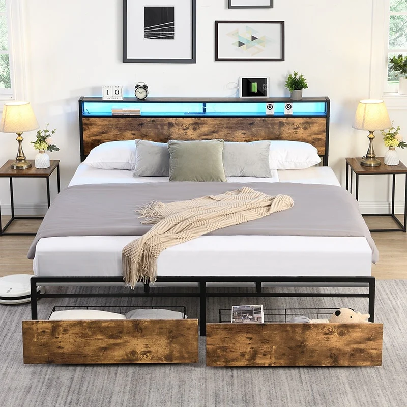 Black Metal and Wood King Size LED Platform Bed with Storage