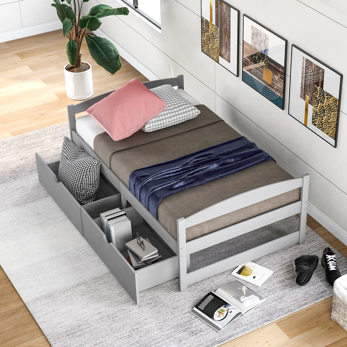 Twin Size Platform Bed with Two Drawers - Space-Saving Design, High-Quality Pine Wood