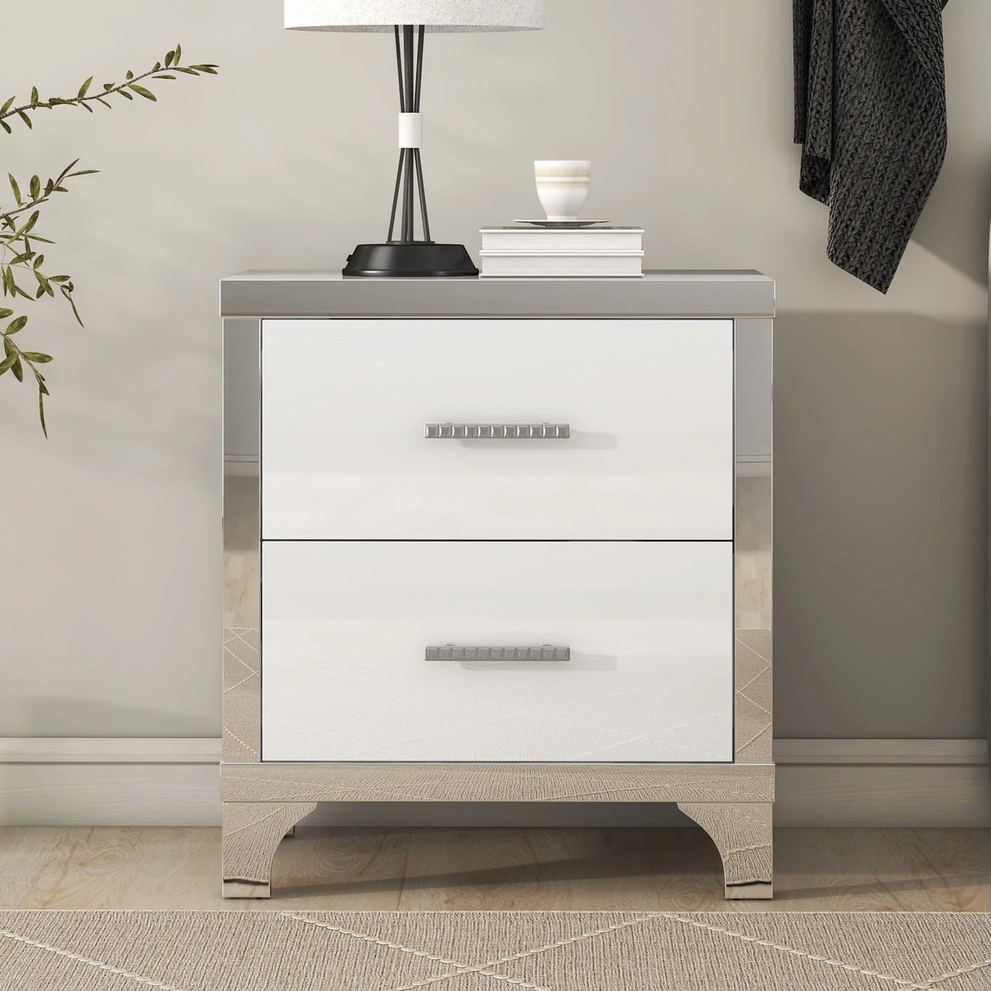 Elegant High Gloss Nightstand With Metal Handle, Mirrored Bedside Table With 2 Drawers