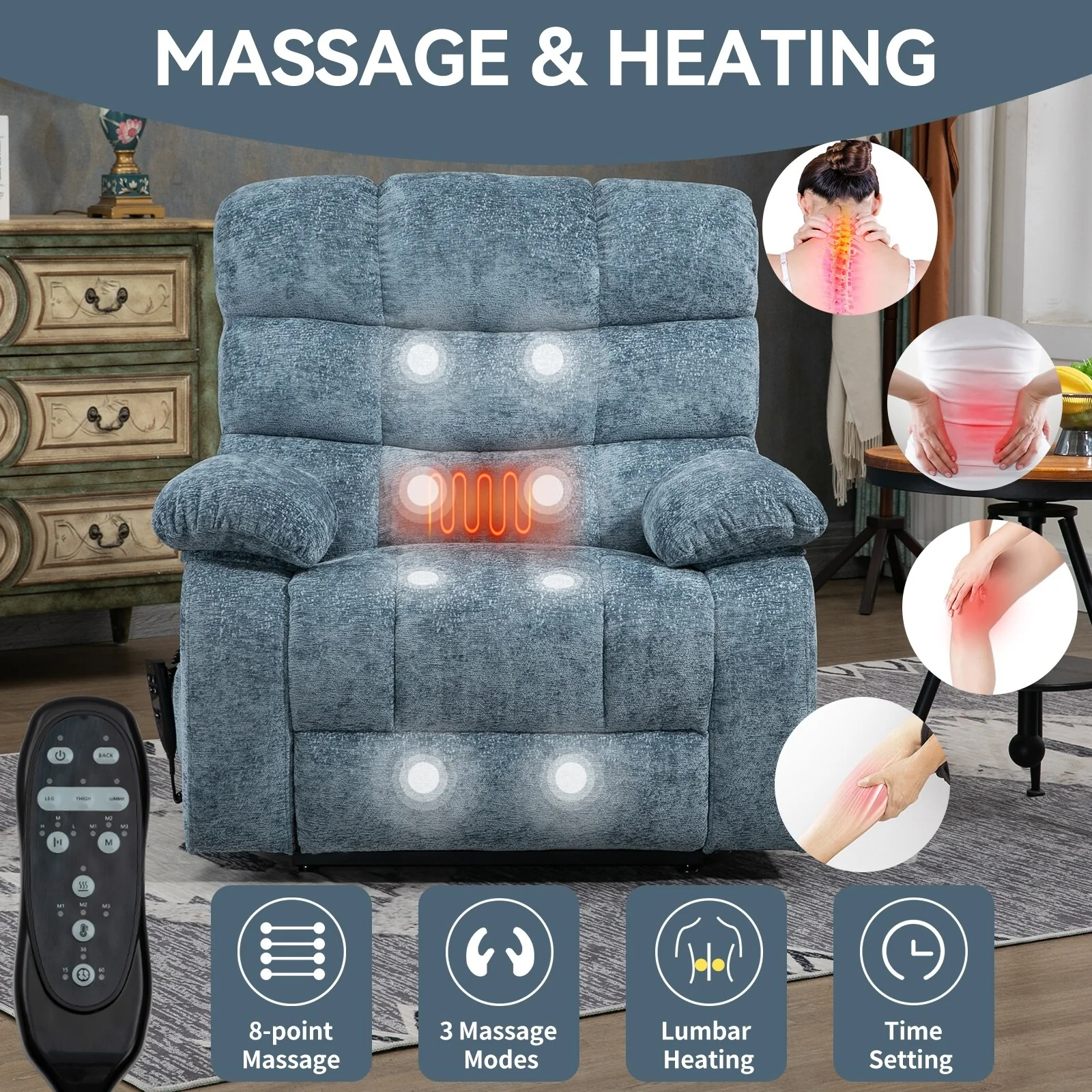 Chenille Power Lift Recliner Chair for Big and Tall with Massage, Heat, Dual Motors, and 180° Recline