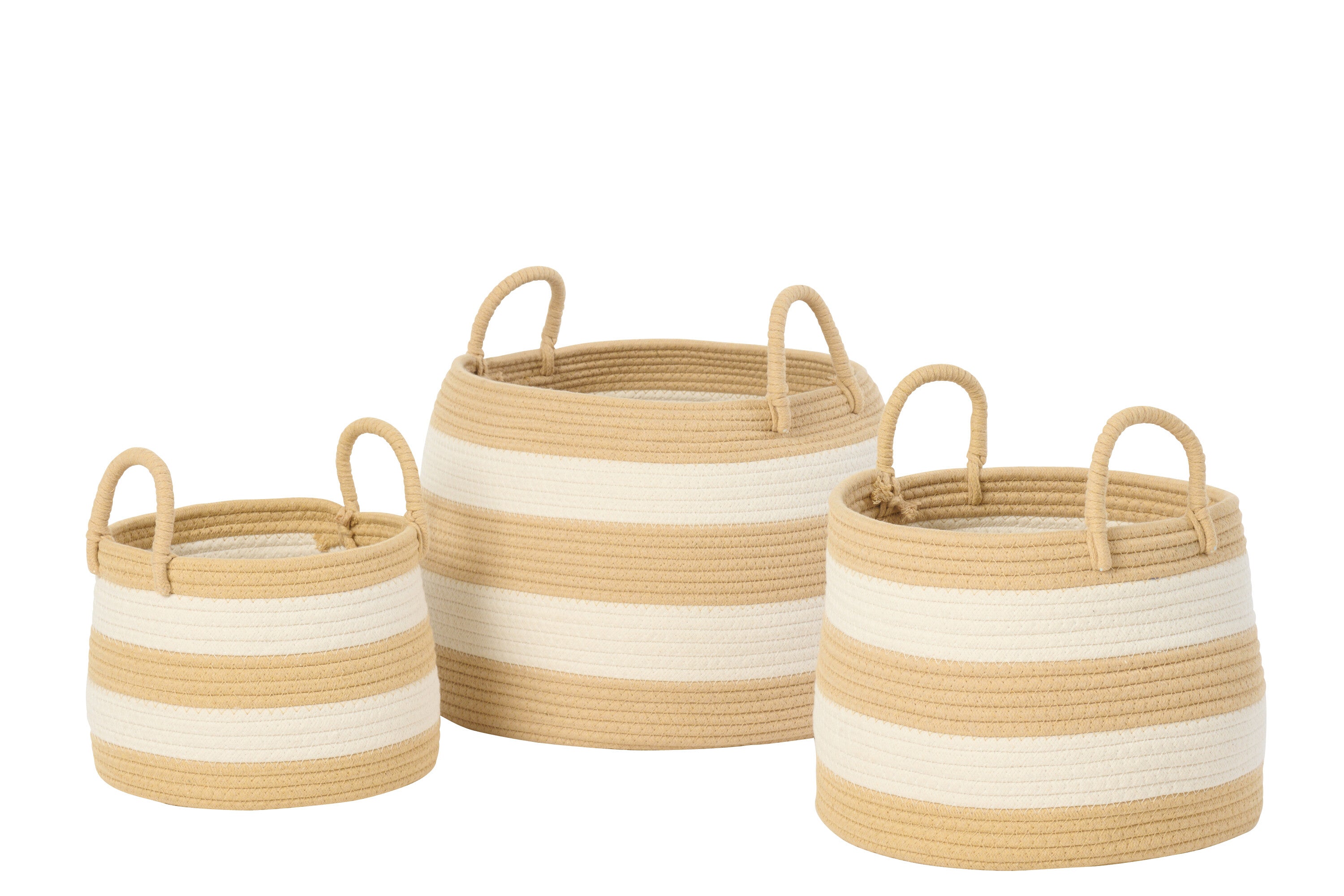 J-Line mand met handvat Rond Gestreept - polyester - naturel/wit - set van 3