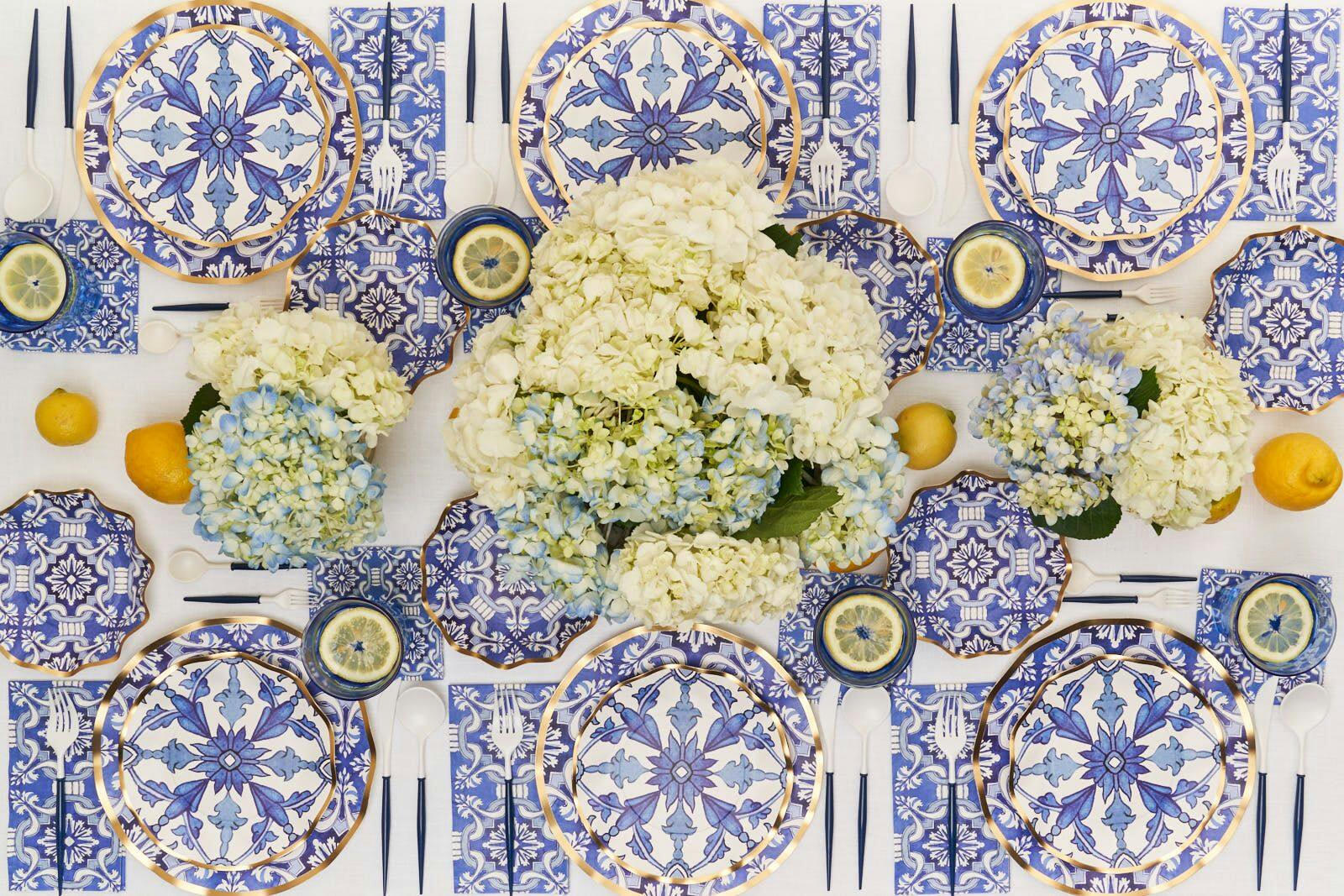 Sophistiplate Moroccan Nights Round Bordered Trimmed Paper Disposable Dinner Plates, Blue/Gold, Tile, 10-in, 8-pk, for Mother's Day/Easter
