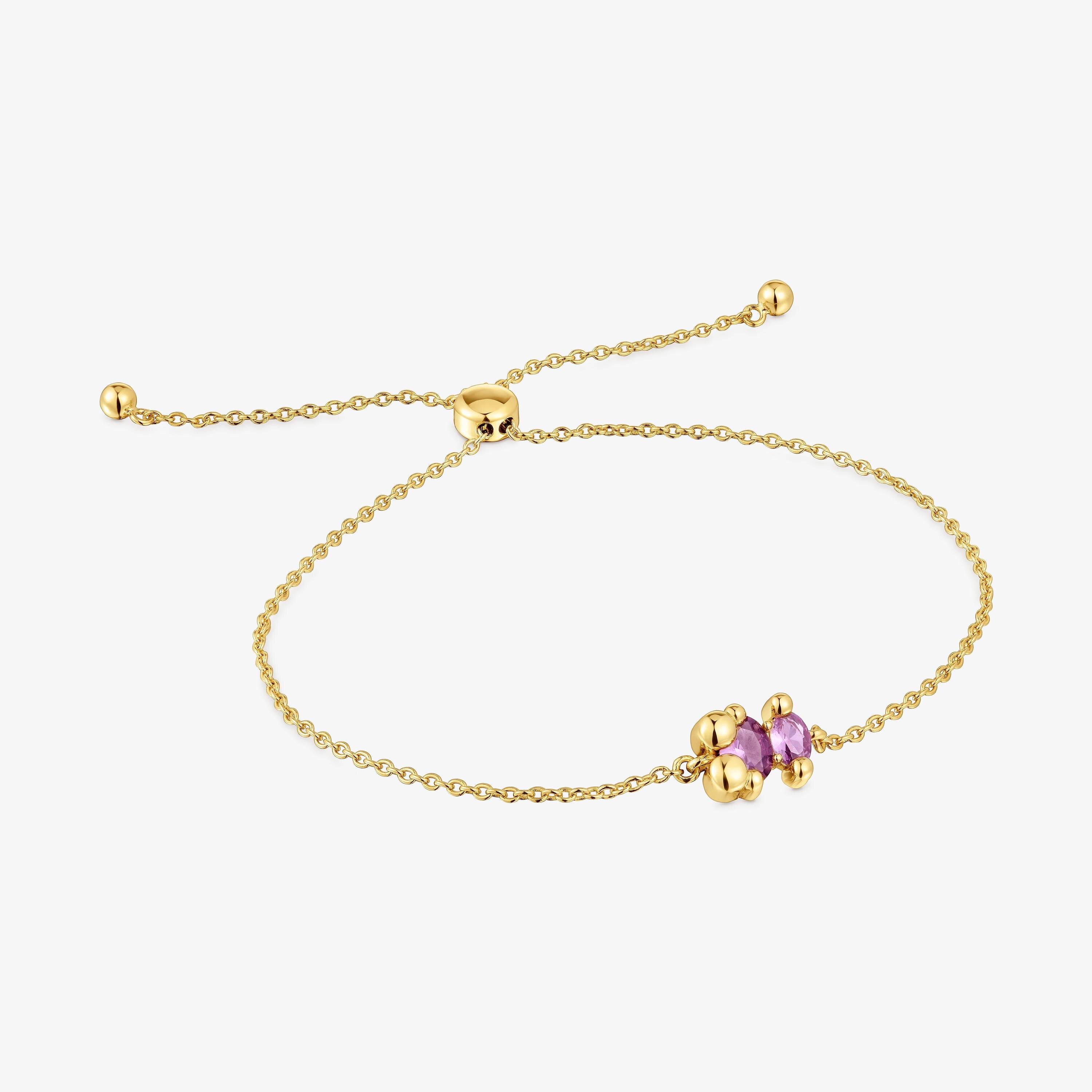 Pulsera cadena motivo oso con baño de oro 18 kt sobre plata y zafiro lila creado en laboratorio 8 mm Color Bear LGG