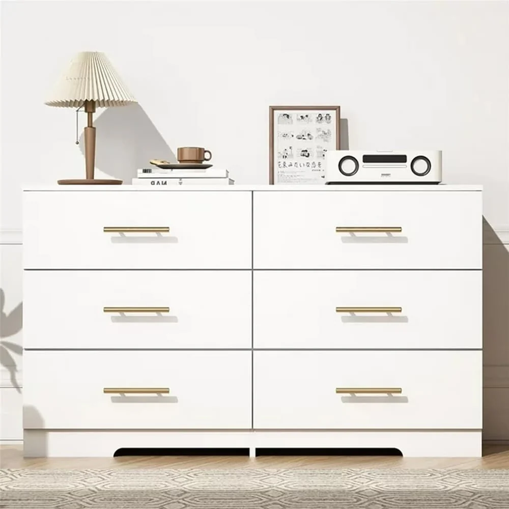 6 Drawer Dresser for Bedroom,Chest of Dressers,Modern Wooden Dresser Chest with Golden Handles
