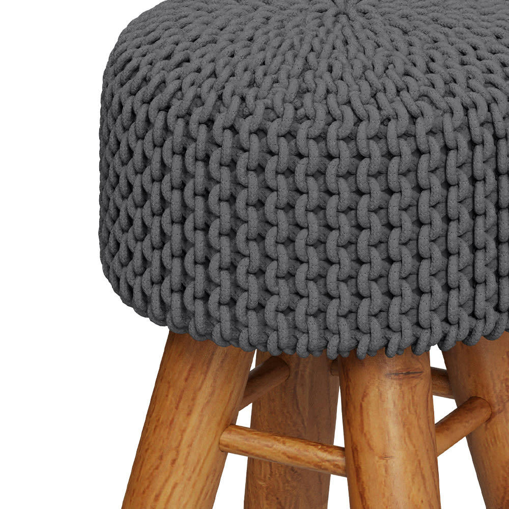 LISA - Petit tabouret rond en tricot coton gris foncé et pieds en bois