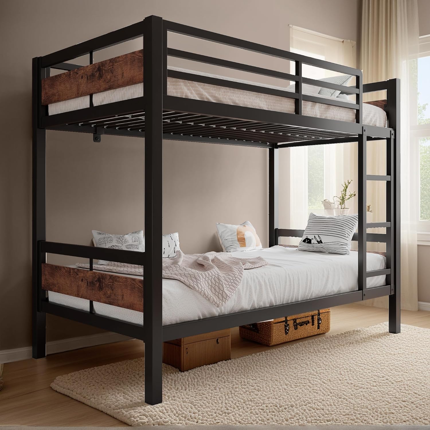 Bunk Bed Twin Over Twin, Heavy Duty Metal Bunkbeds with Full-Length Guardrail, Space-Saving Steel Bed for Kids & Adults, No Box Spring Required, Rustic Brown