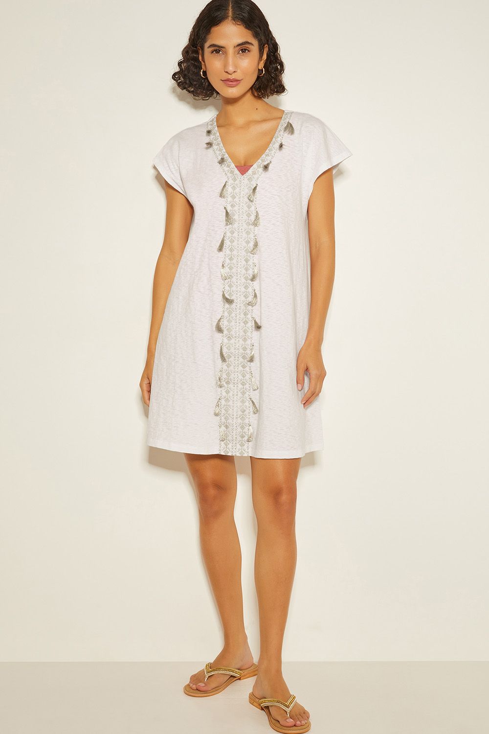Monsoon Jodie Tassel Beach Tunic Mini Dress White