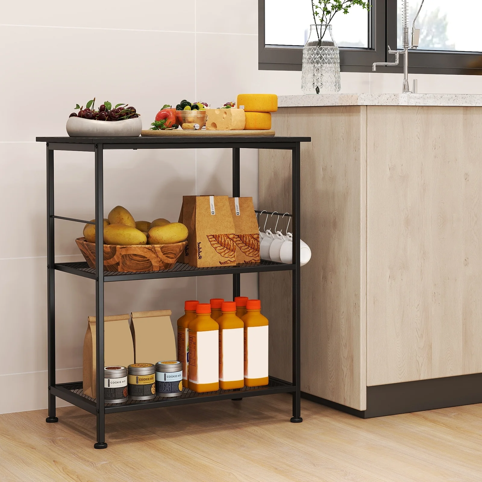 3 Tier Rolling Kitchen Cart with Hooks and Wheels for Storage and Utility