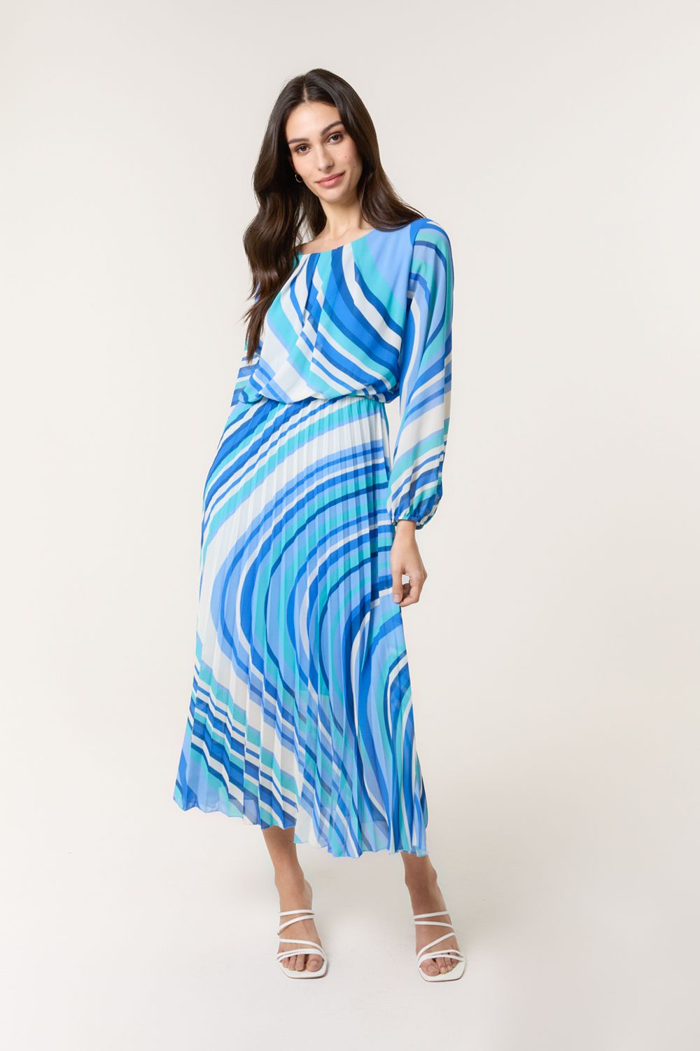 Blue Vanilla Swirl Print Pleated Round Neck Dress