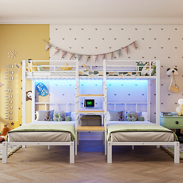 Lit Superposé 90x200 cm - Lit Familial 3 Places avec Bureau Intégré et Escalier de Rangement - LED et Ports USB - Métal/MDF Blanc