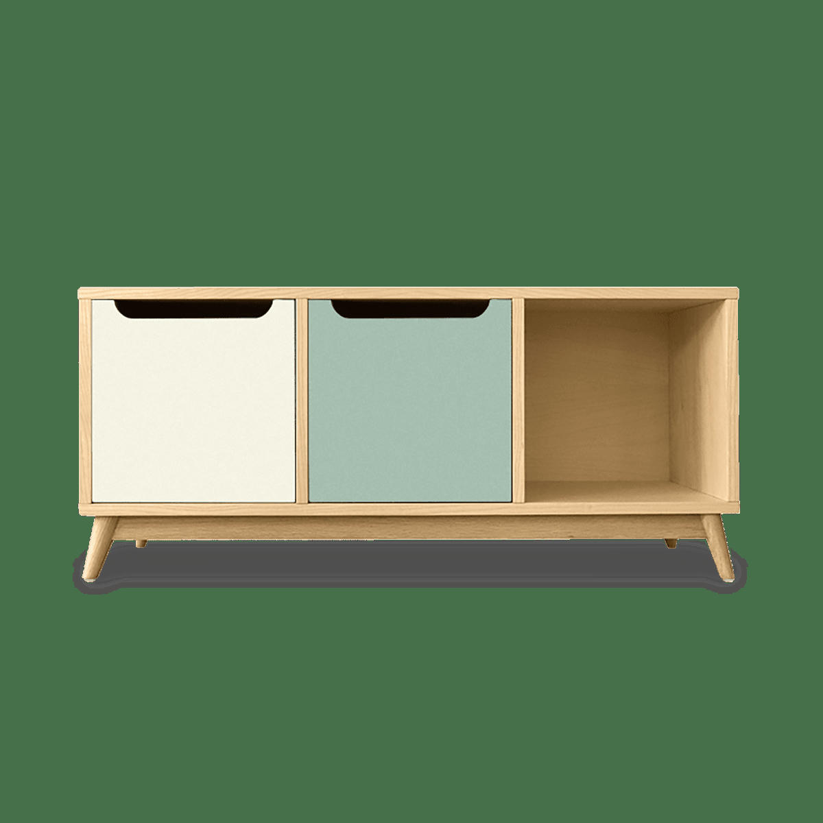 KILT - Meuble bas, 2 portes, 1 niche, chêne et bicolore, creme et vert.