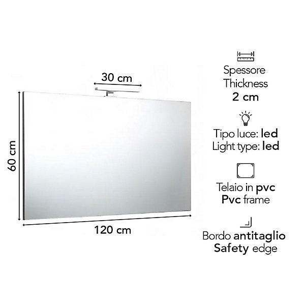 Miroir salle de bain, 120x60 avec lampe led 20cm chromé