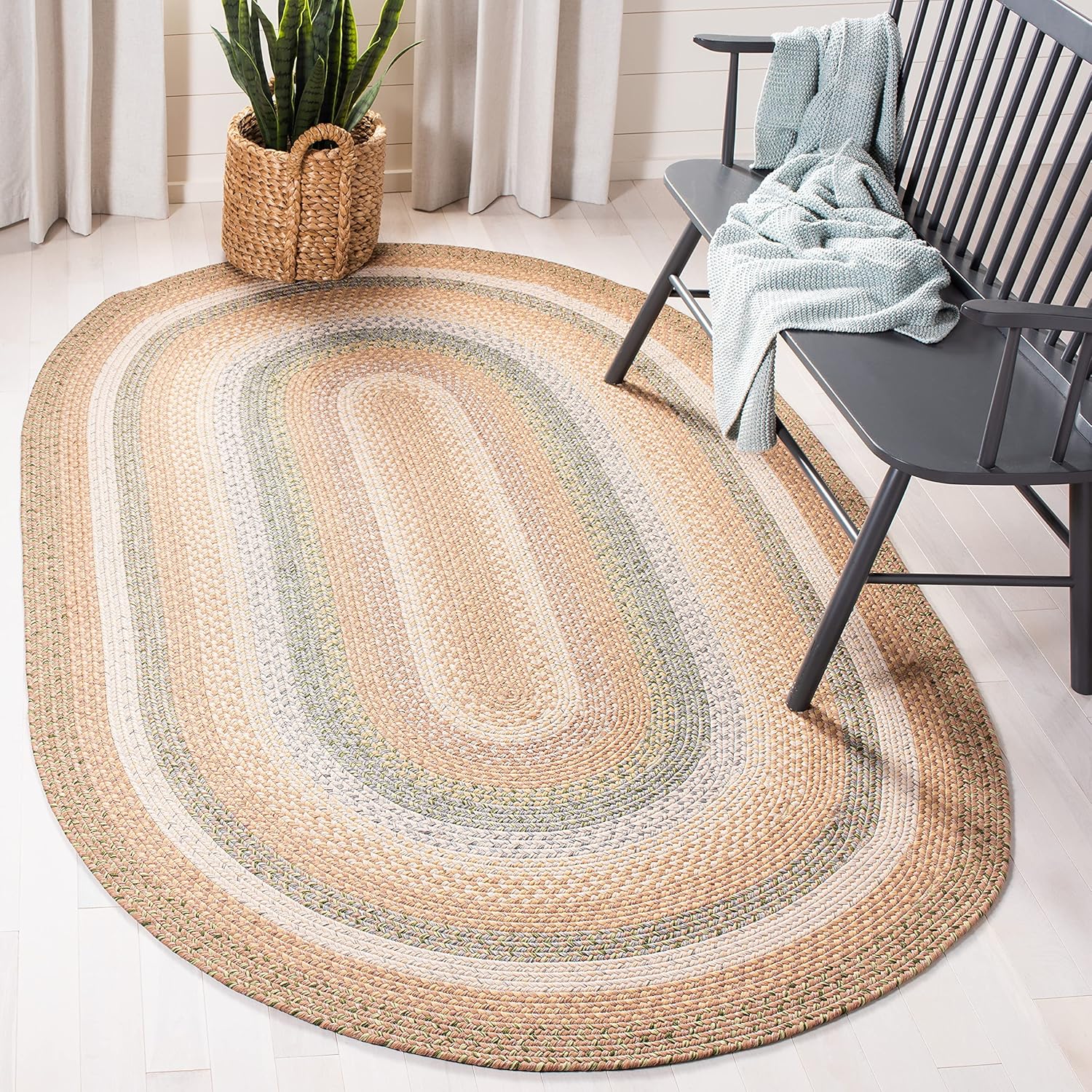 SAFAVIEH Washable Rug Outdoor Braided Collection - 8' x 10' Oval, Tan & Multi, Handmade & Reversible, Non-Shedding & Easy to Clean, Ideal for Patio, Backyard, Mudroom (BRD314A)