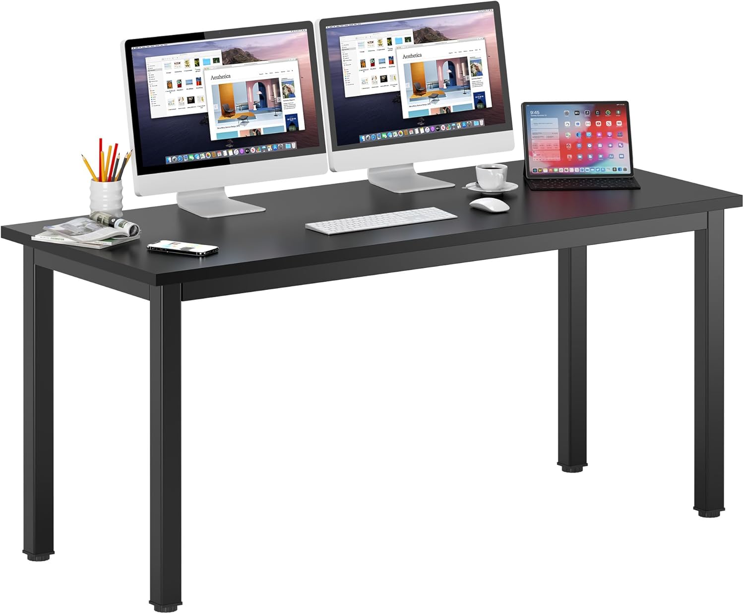 DlandHome Computer Desk, 63 Inch Home Office Desk, Gaming Writing Work from Home Study Desk with Thicken Frame & Large Legroom, Modern Simple Workstation Business Furniture for Home Office, Black