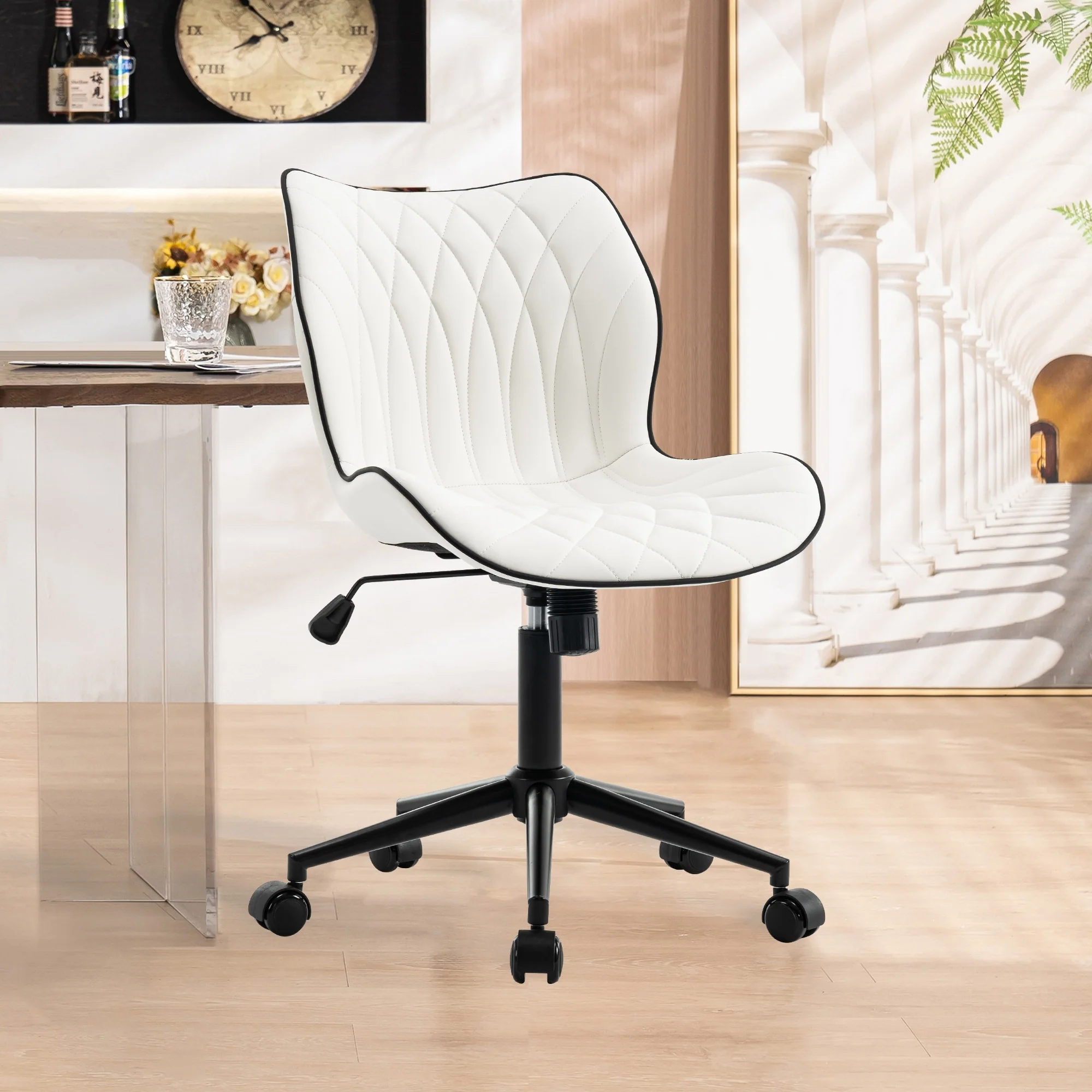 Faux Leather Office Chair with Wheels, Upholstered Task Chair