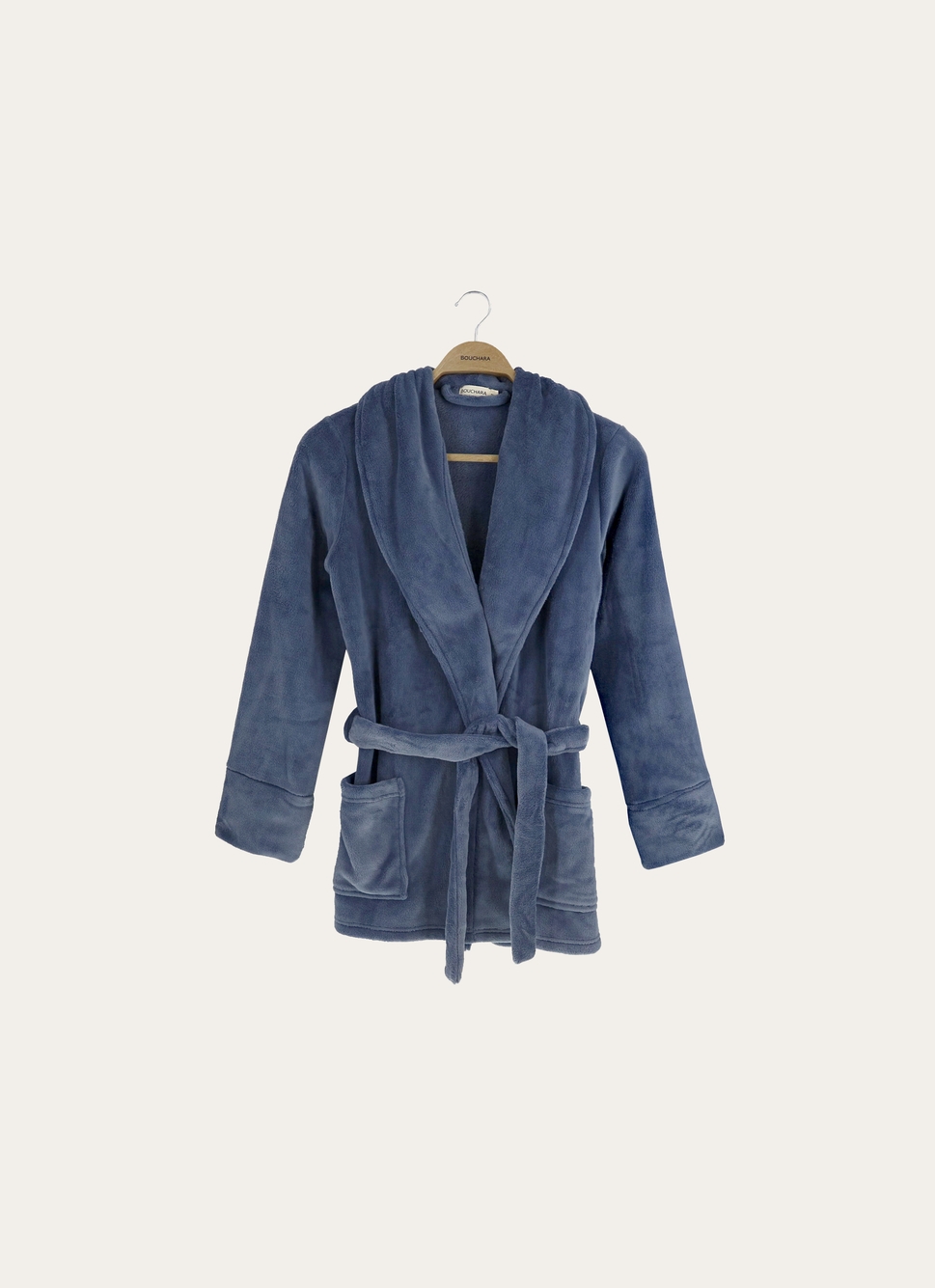 PEIGNOIR COURT EN POLAIRE AVEC COL CHÂLE BLEU GRIS