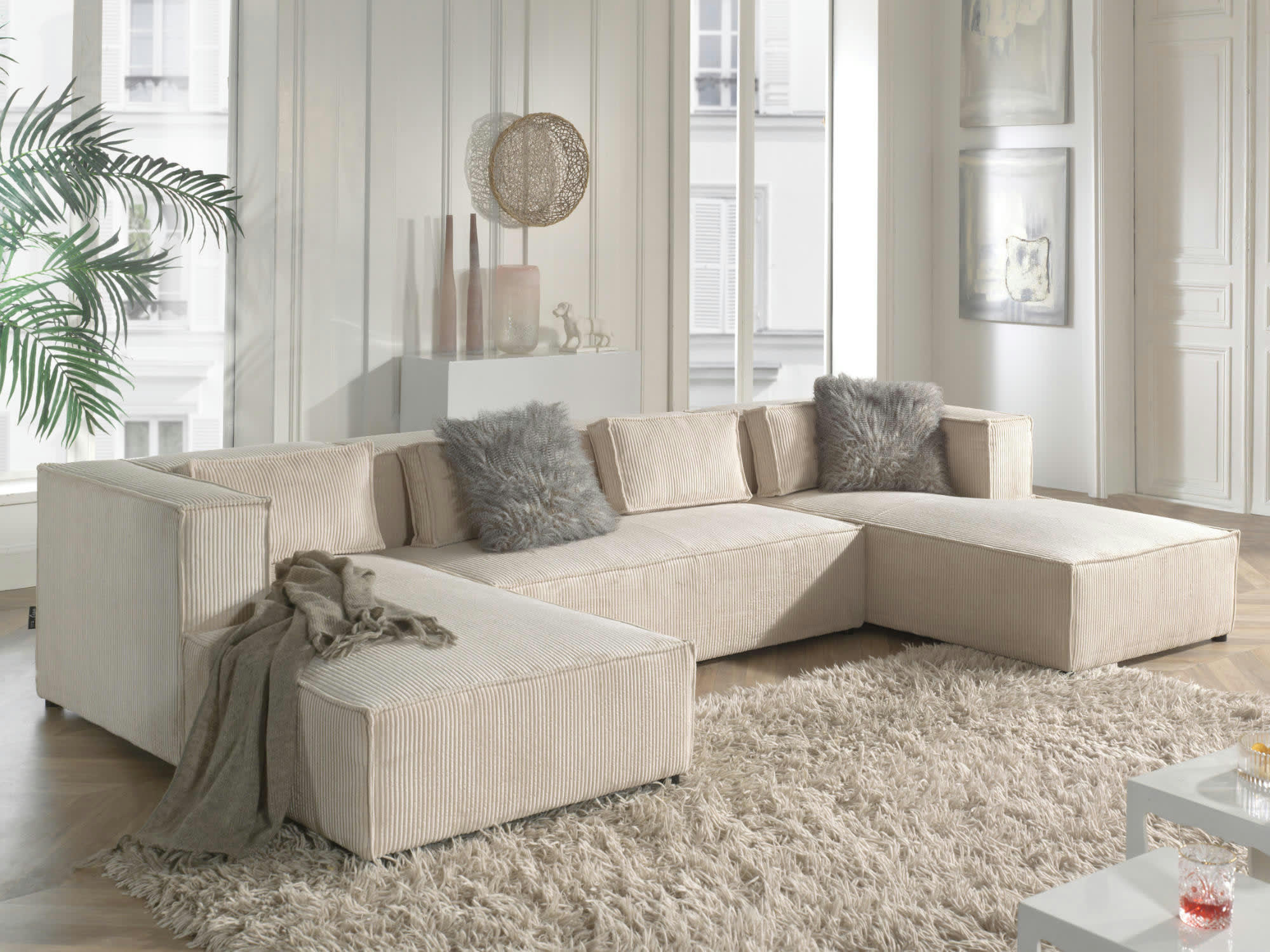 STELLA - Canapé panoramique 7 places en u en velours côtelé beige