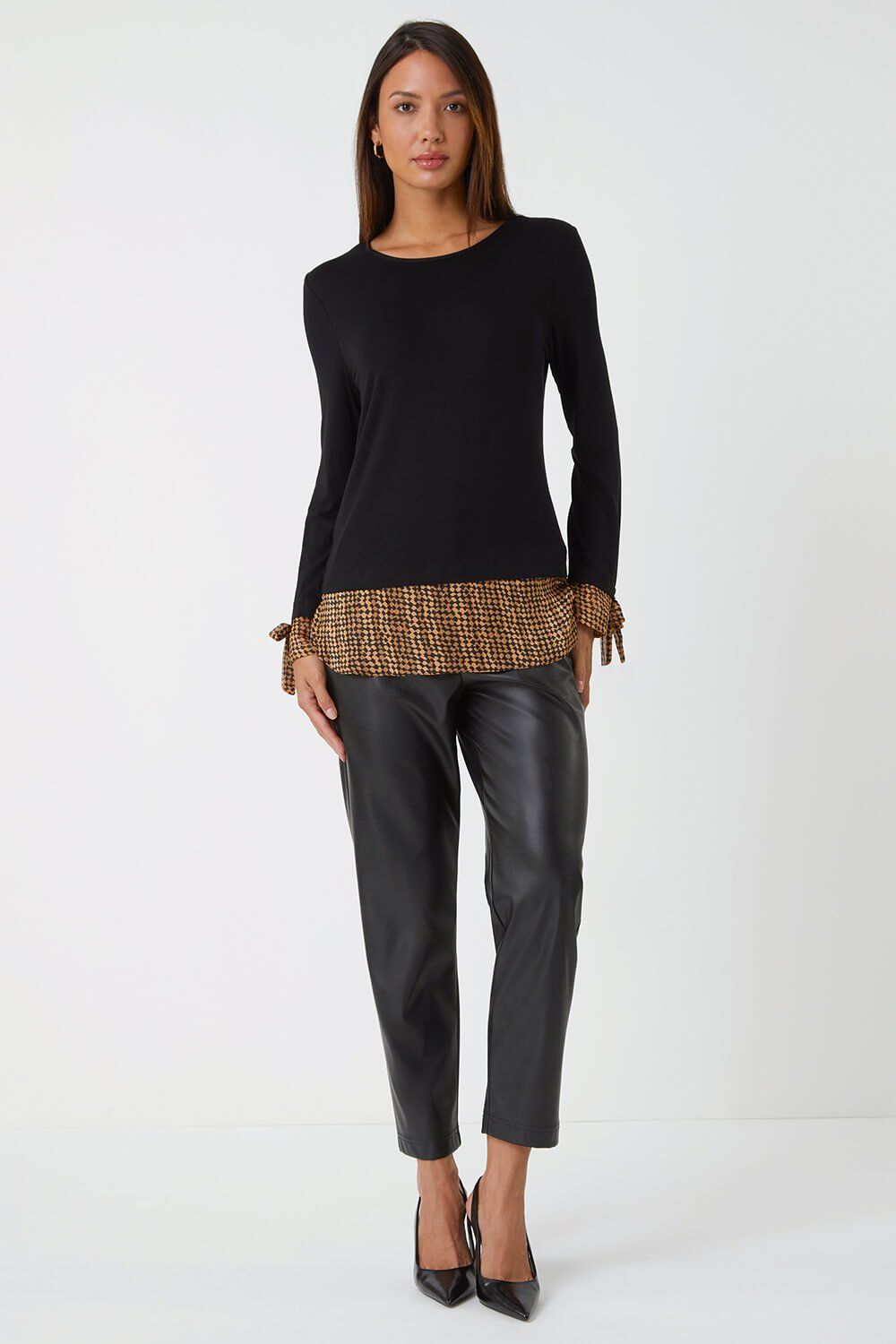 Roman Chiffon Hem Tie Cuff Stretch Top