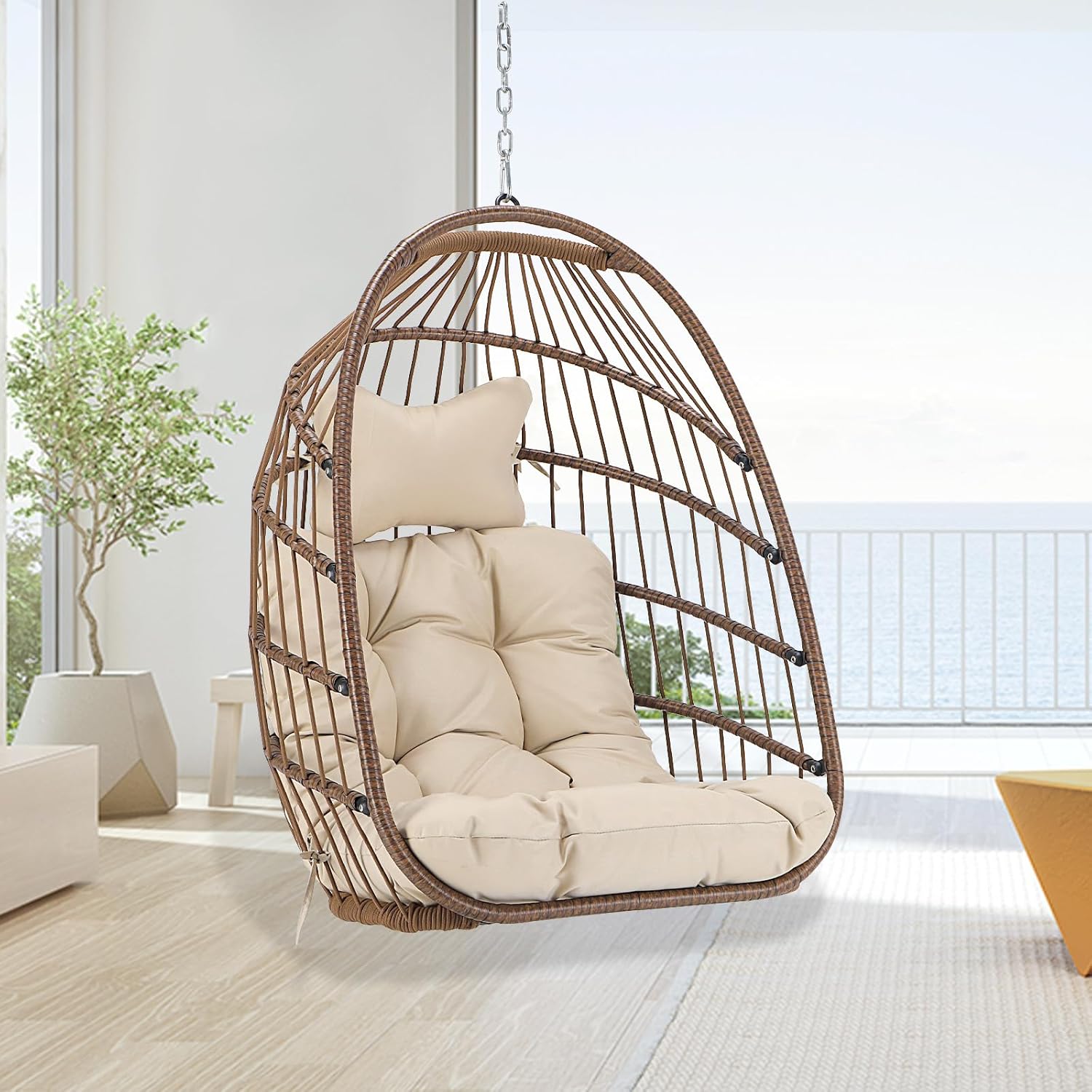 BULEXYARD Heavy-Duty Egg Swing Chair Without Stand, 350 Lbs Foldable Rattan Hanging Hammock with Cushion, All-Weather Basket Seat for Outdoor Patio Bedroom Pergola Tree or Ceiling Mount, Brown Tan