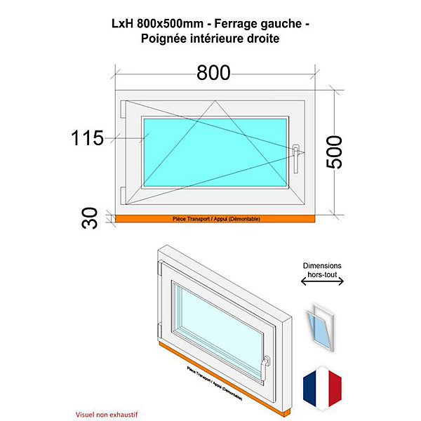 Fenêtre PVC - LxH 800x500 mm -Triple Vitrage - Bicolore blanc int/anthracite ext-poignée à droite