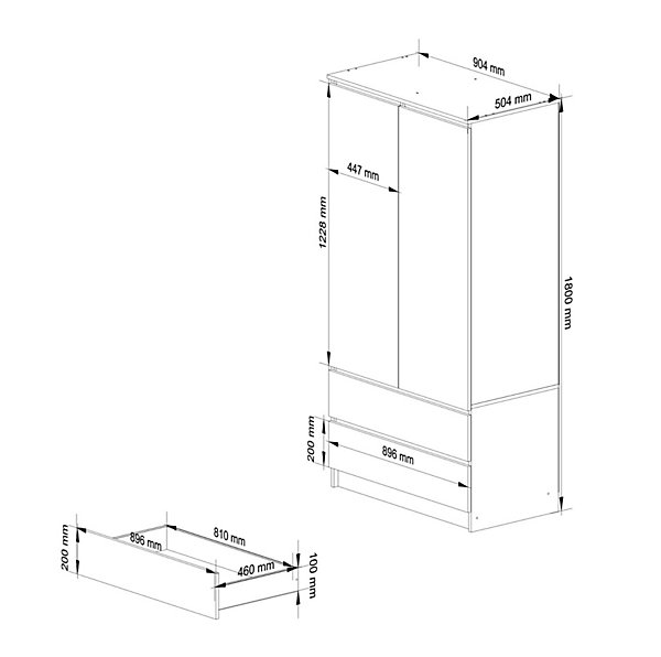 Armoire : 2 portes, 2 tiroirs, 90 x 180 x 51 cm, blanc &gris graphite