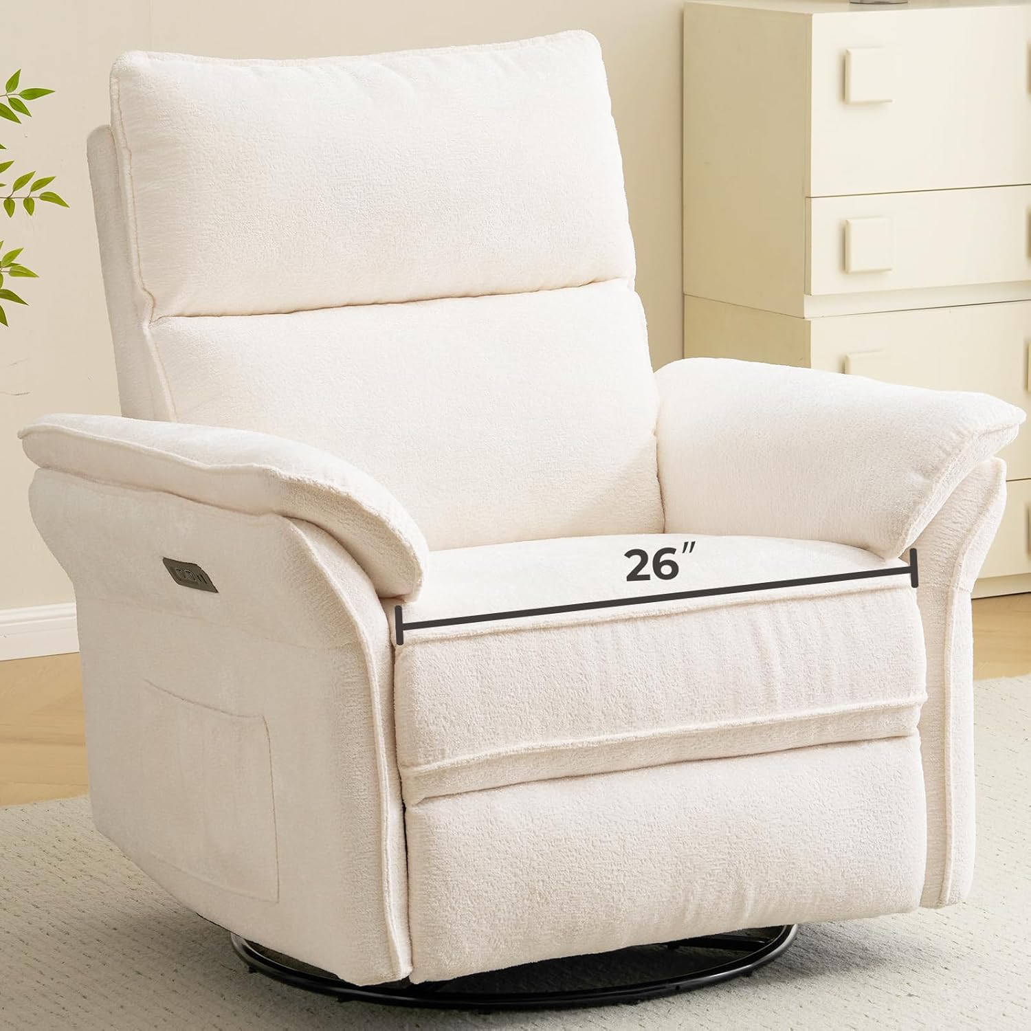 Oversized Power Recliner Chair Swivel Glider with Massage and Heat, Rocker Nursery Recliner for Adults with Adjustable Headrest, 26 Extra Wide Nursery Chair with Overstuffed Armrest,White