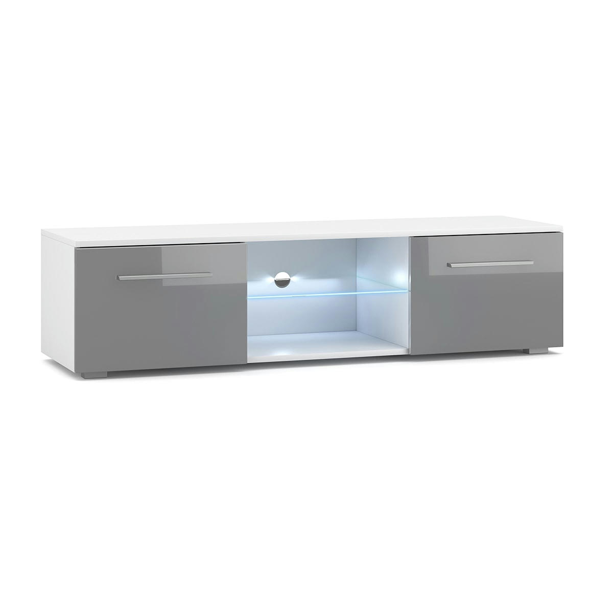 - Meuble tv 2 portes 140 cm avec led blanc et gris