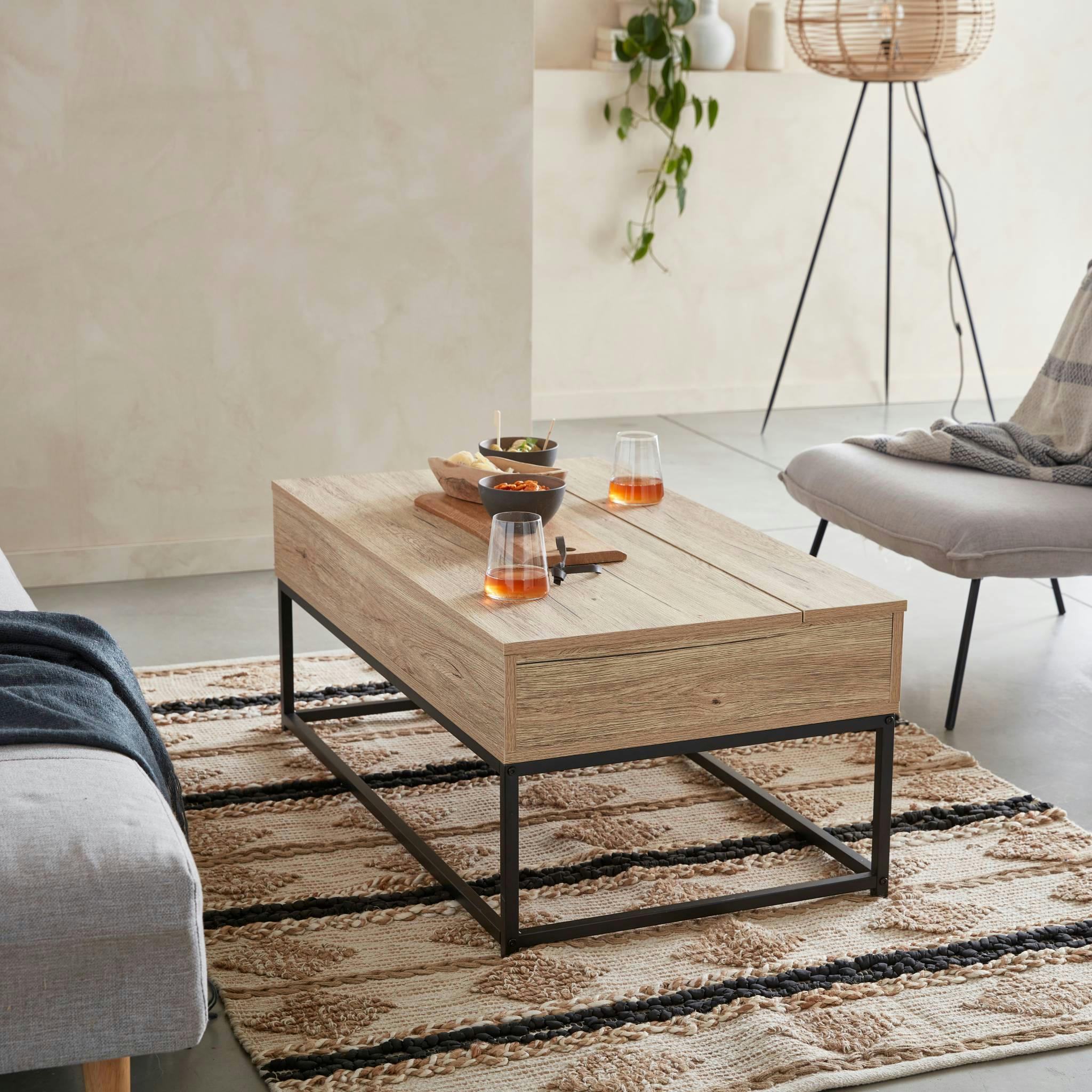 LOFT - Table basse industrielle métal et effet bois avec plateau relevable