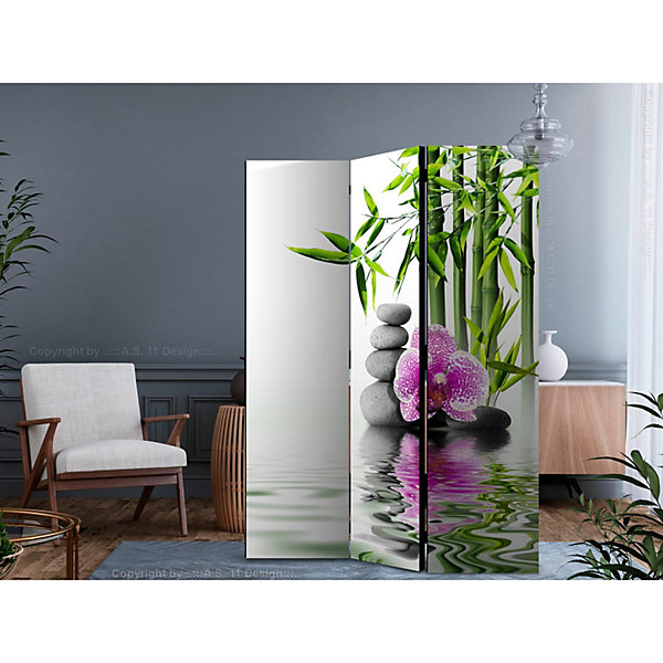 Paravent 3 Volets Design Zen et Relaxant Jardin d'Eau 135 x 172 cm Blanc et Rose