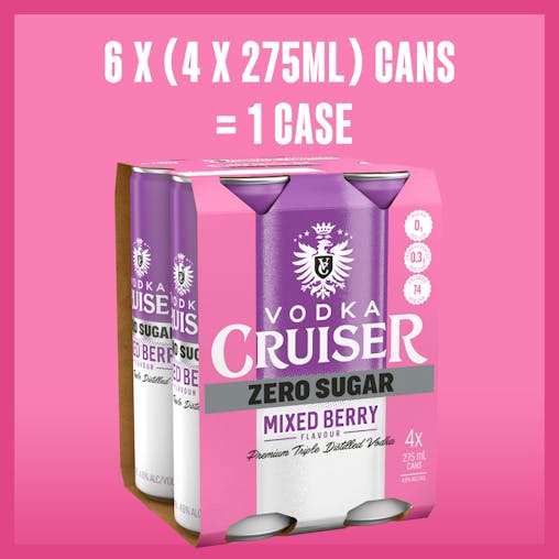 Vodka Cruiser Sugar Free Mixed Berry, Refreshing Flavoured Pre-Mixed Vodka Drink, 4.6% ABV, 275mL (Case of 24 Cans)