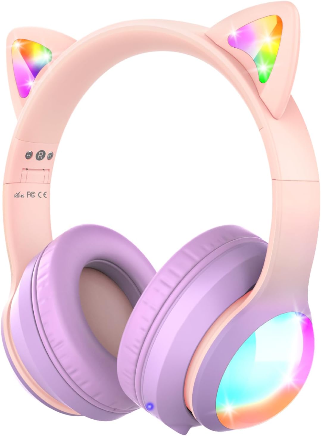 FosPower Kids Bluetooth 5.2 Headphones with LED Cat Ears (85/94dB Safe Volume Limit) Foldable Wireless or Wired Headset with 100hr Play Time and 3.5mm Cable for School/Travel - Light Pink/Light Purple