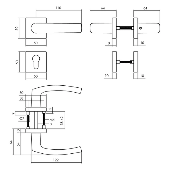Türdrücker »Denham«, 55x55x10 mm PZ-Rosetten