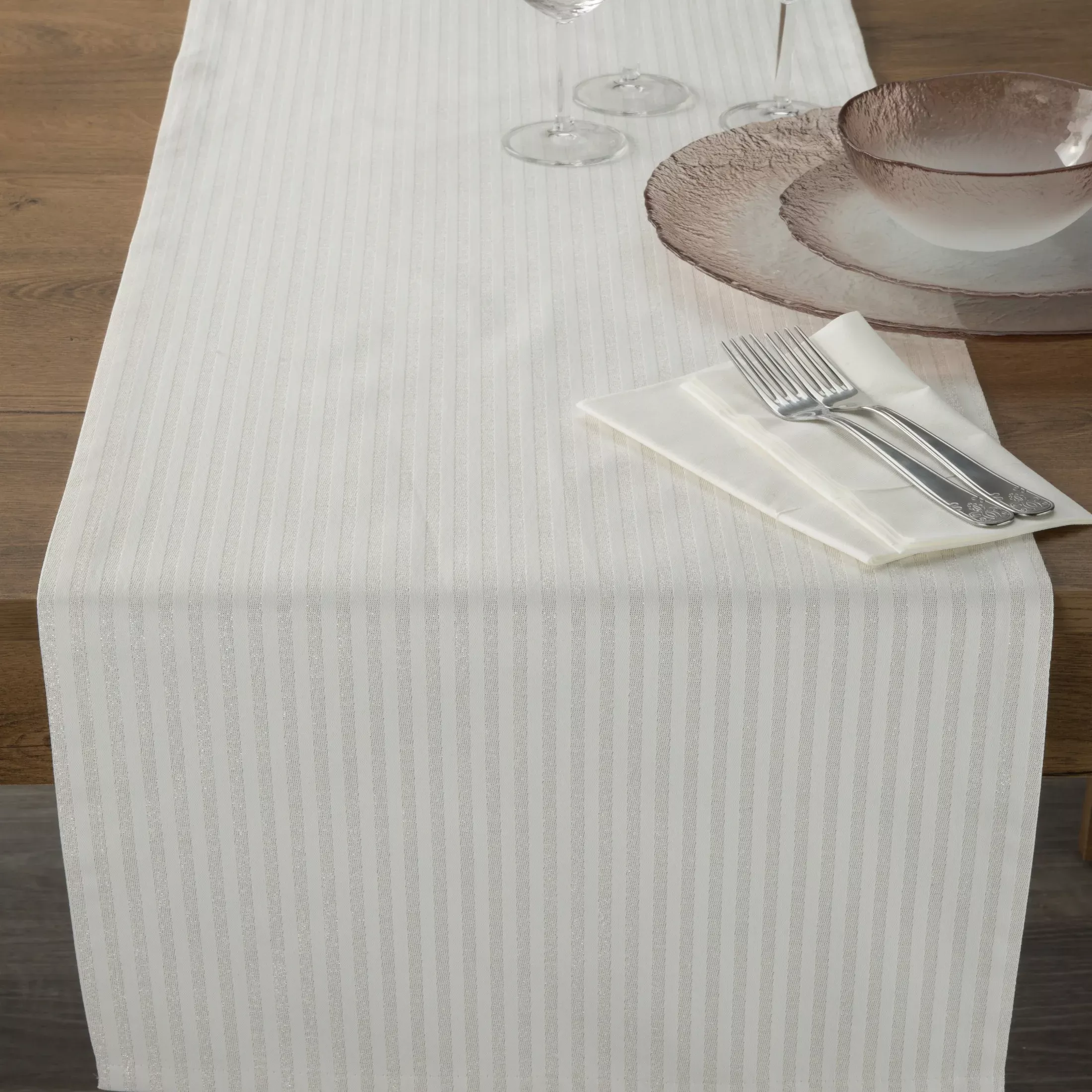 Bieżnik na stół naturalny 40x140 cm z żakardowej tkaniny FLASH świąteczny w prążki przetykany szampańską nicią