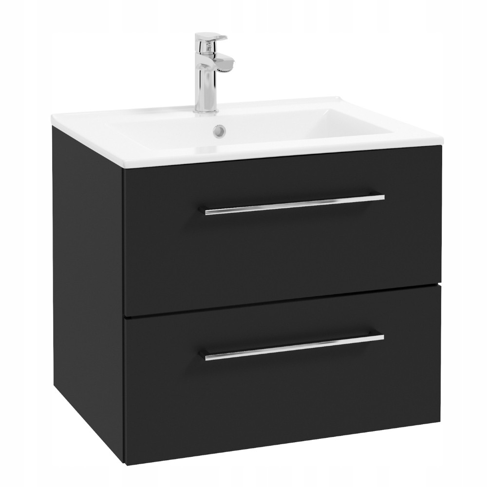 Szafka Łazienkowa z Umywalką 60 cm Czarna Mat Szuflady Bateria Chrom Wysoka