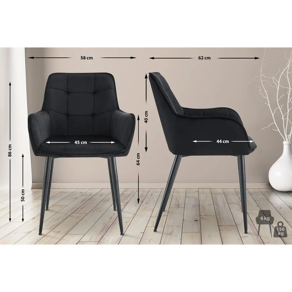 CLP Set van 2 Eetkamerstoel Ferndale zwart Frame - Fluweel - zwart