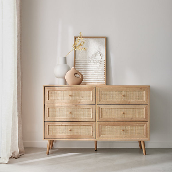Commode décor bois et cannage 6 tiroirs Bohème. couleur naturelle - 120x39x79cm