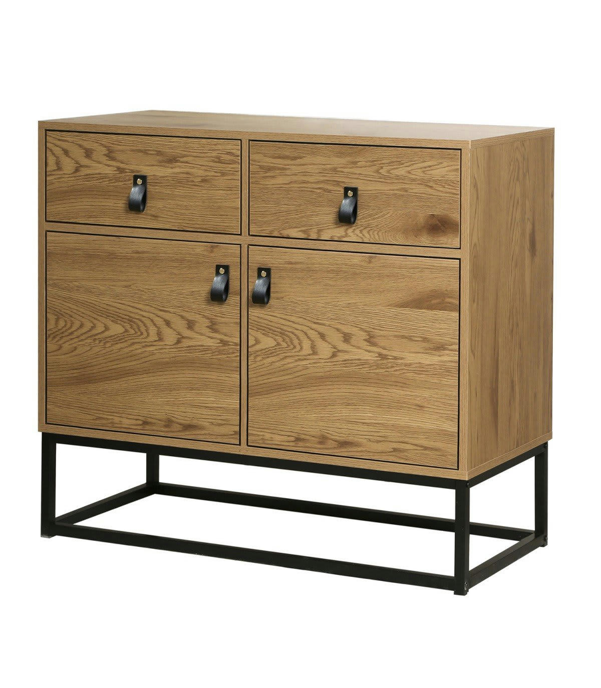 JILL - Commode 2 portes et 2 tiroirs décor chêne piétement métal noir