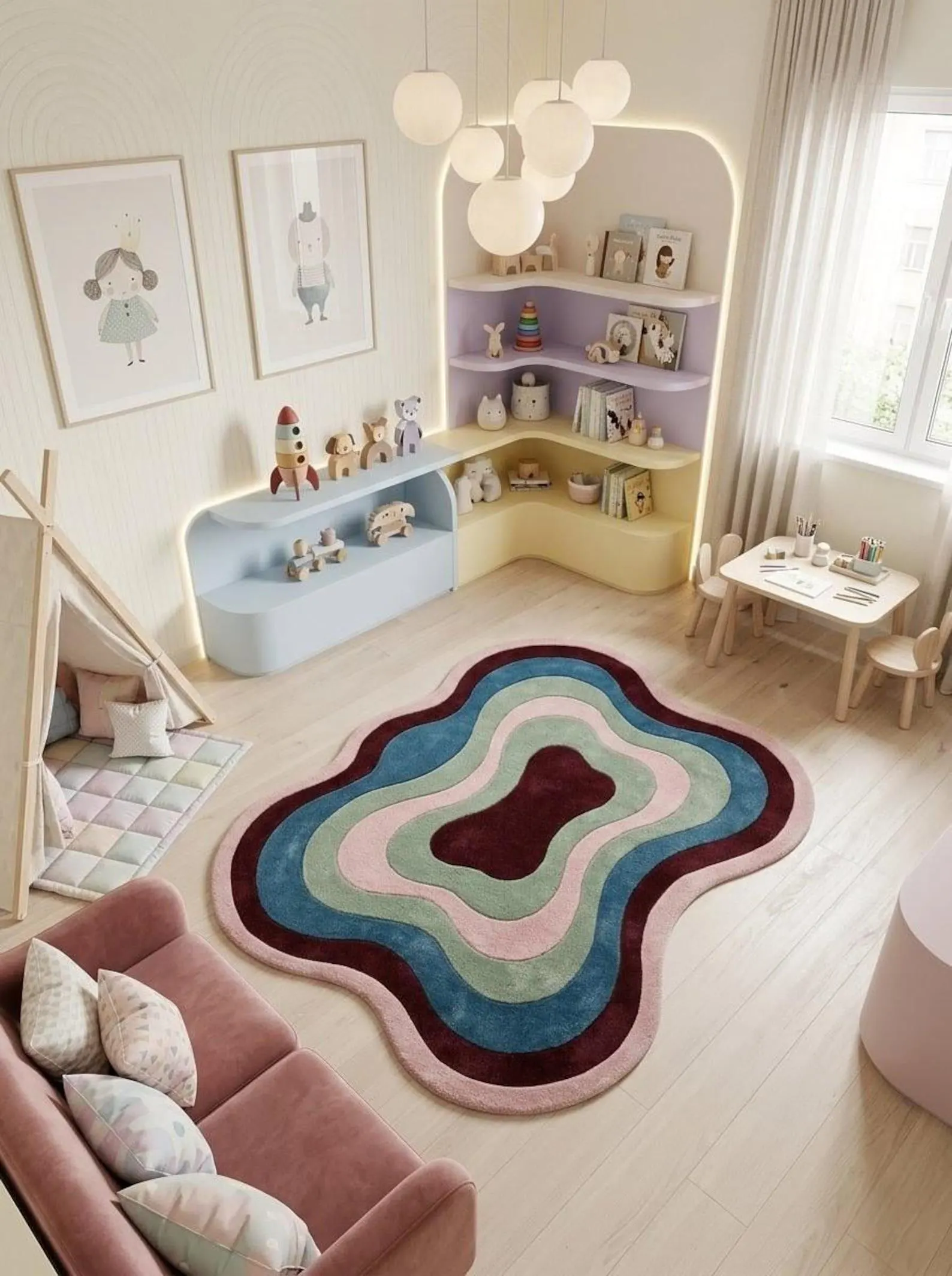 Custom Irregular Wavy Tufted Wool Rug, Abstract Pastel Aesthetic Area Rug, Funky Contour Floor Carpet for Bedroom Living Room Home Decor