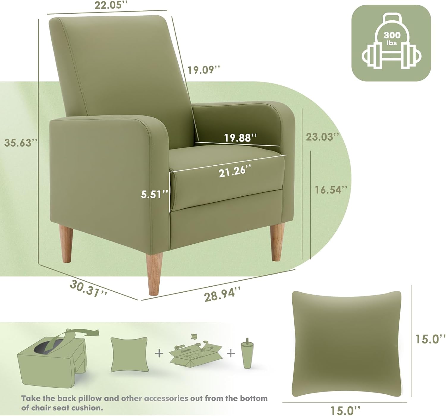 COLAMY Mid-Century Modern Upholstered Accent Chair with Back Pillow & Solid Wood Legs, Leather Cozy Armchair for Living Room, Bedroom, Reading Nook, Apartment & Small Spaces, Green