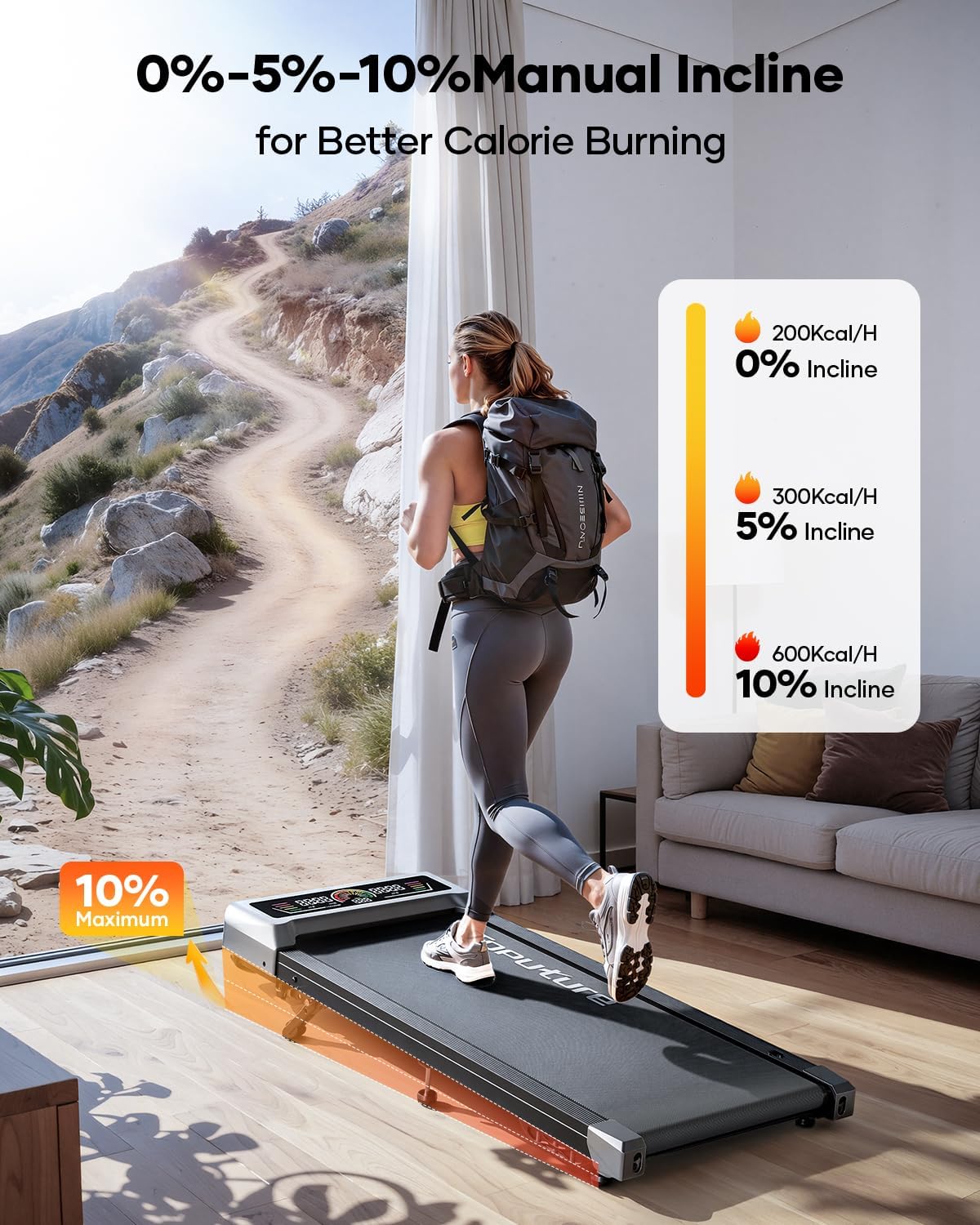 TOPUTURE Walking Pad with 10% Incline, 3.0HP Brushless Quiet Under Desk Treadmill, Portable Treadmills for Home/Office, Running Machine 300 lbs Capacity with RGB LED Screen, Remote Control/App Control