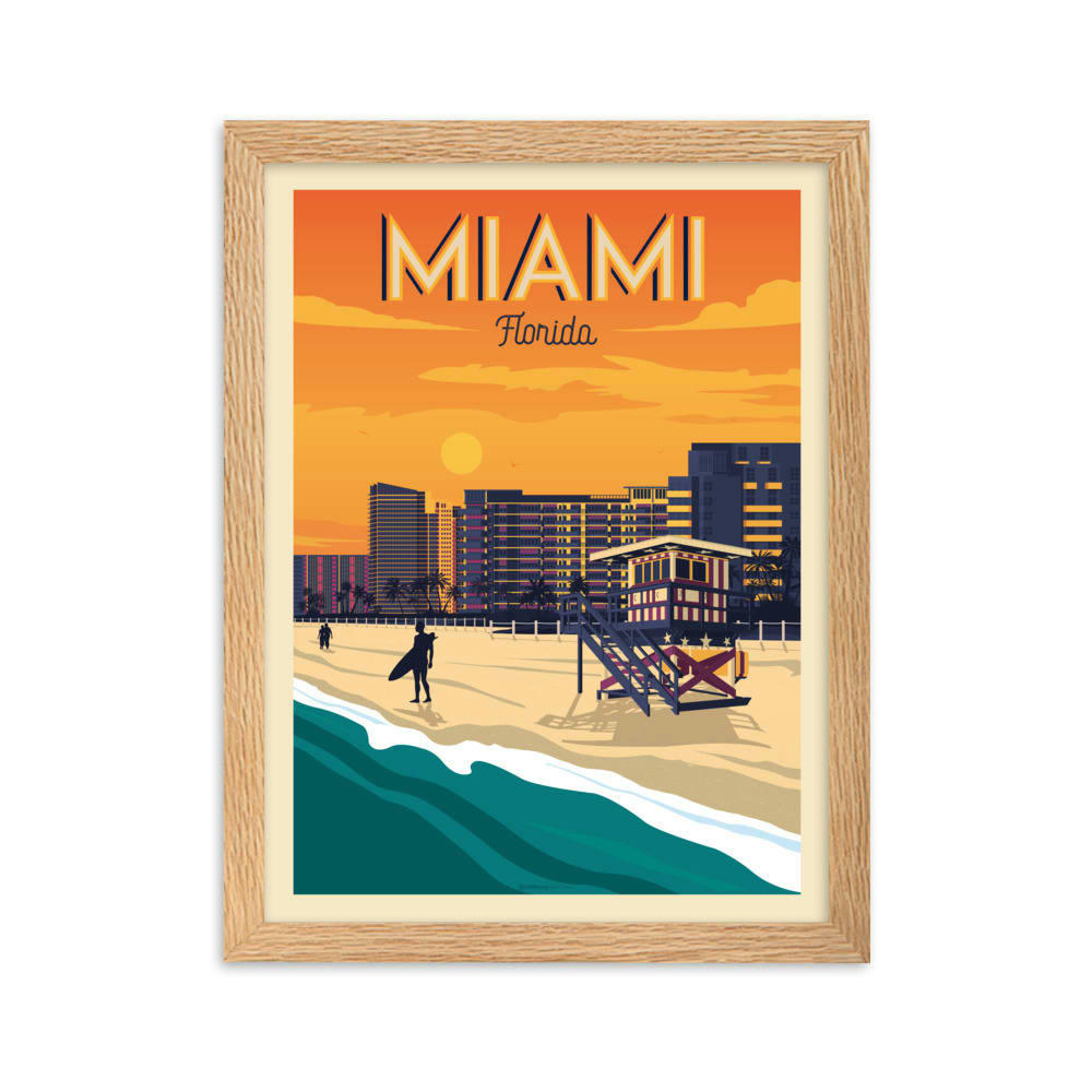 - Affiche Miami Beach Floride avec Cadre (Bois) 21x29,7 cm
