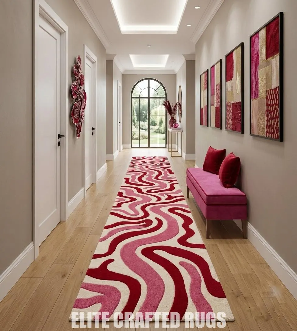 Retro Wavy Runner Rug, Hand Tufted Pink Red Hallway Carpet, Groovy Danish Pastel Wool Area Rug, Custom Modern Long Runner for Entryway