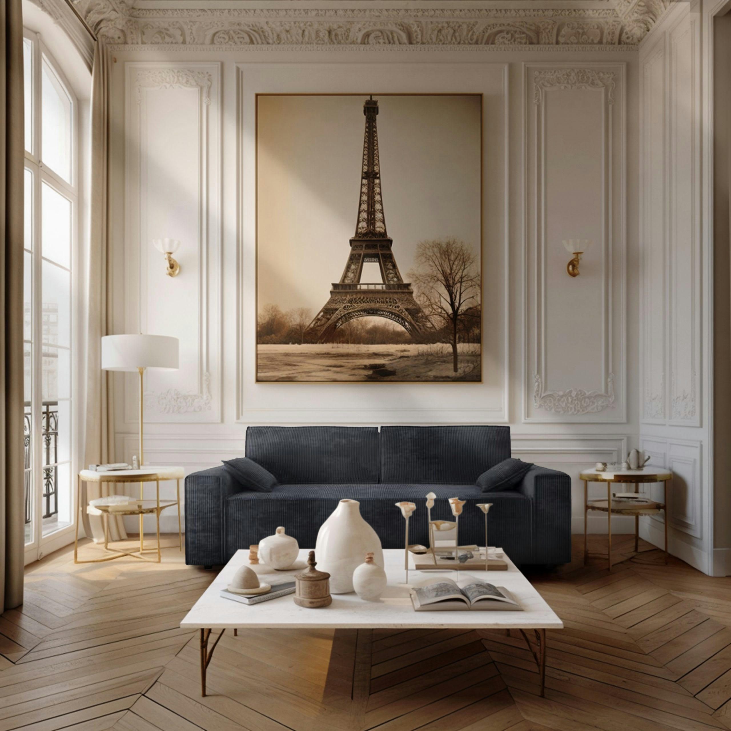 DURIF - Canapé droit convertible 3 places en velours côtelé gris anthracite