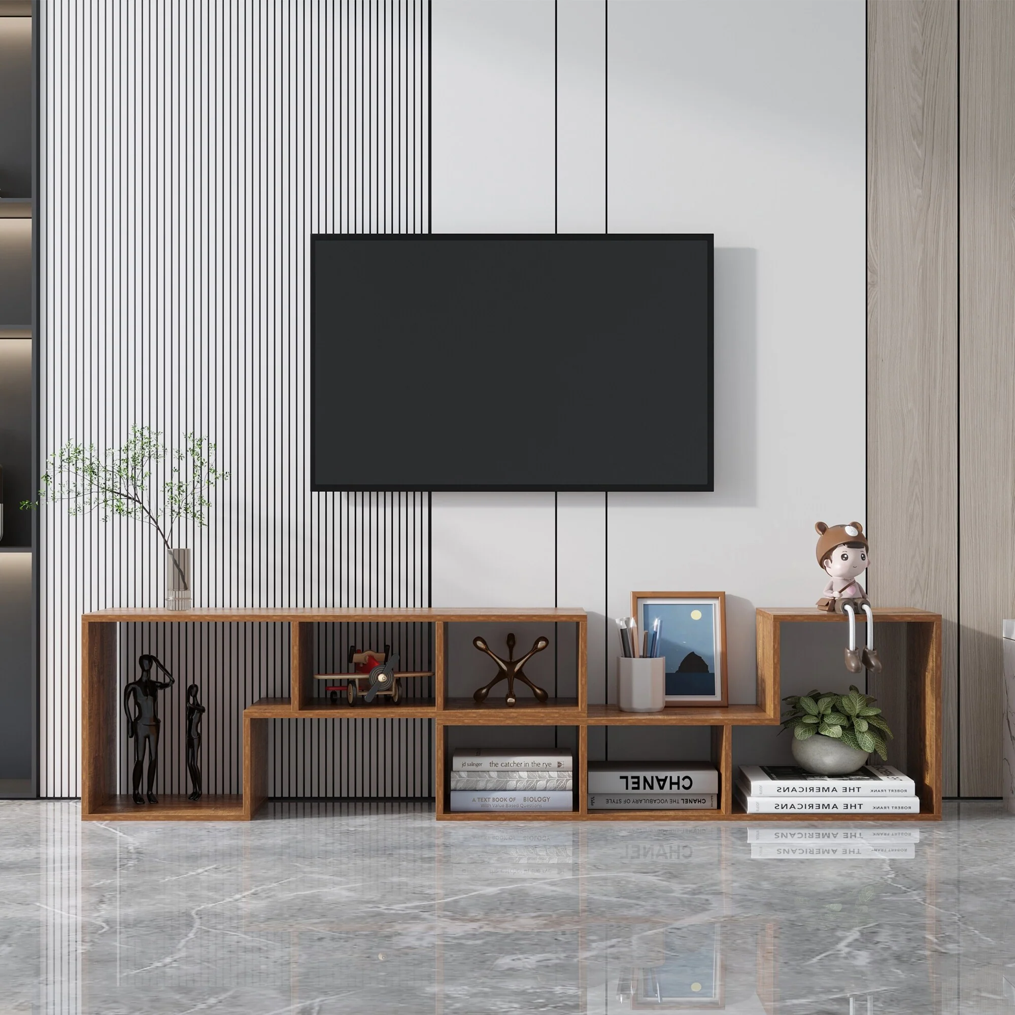 Double L-Shaped Oak TV Stand，Display Shelf ，Bookcase for Home Furniture
