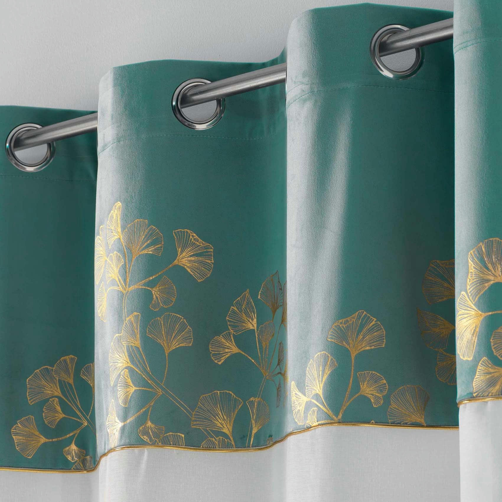 MILAROSE - Voilage effet velours et imprimé or polyester pétrole 240x140cm