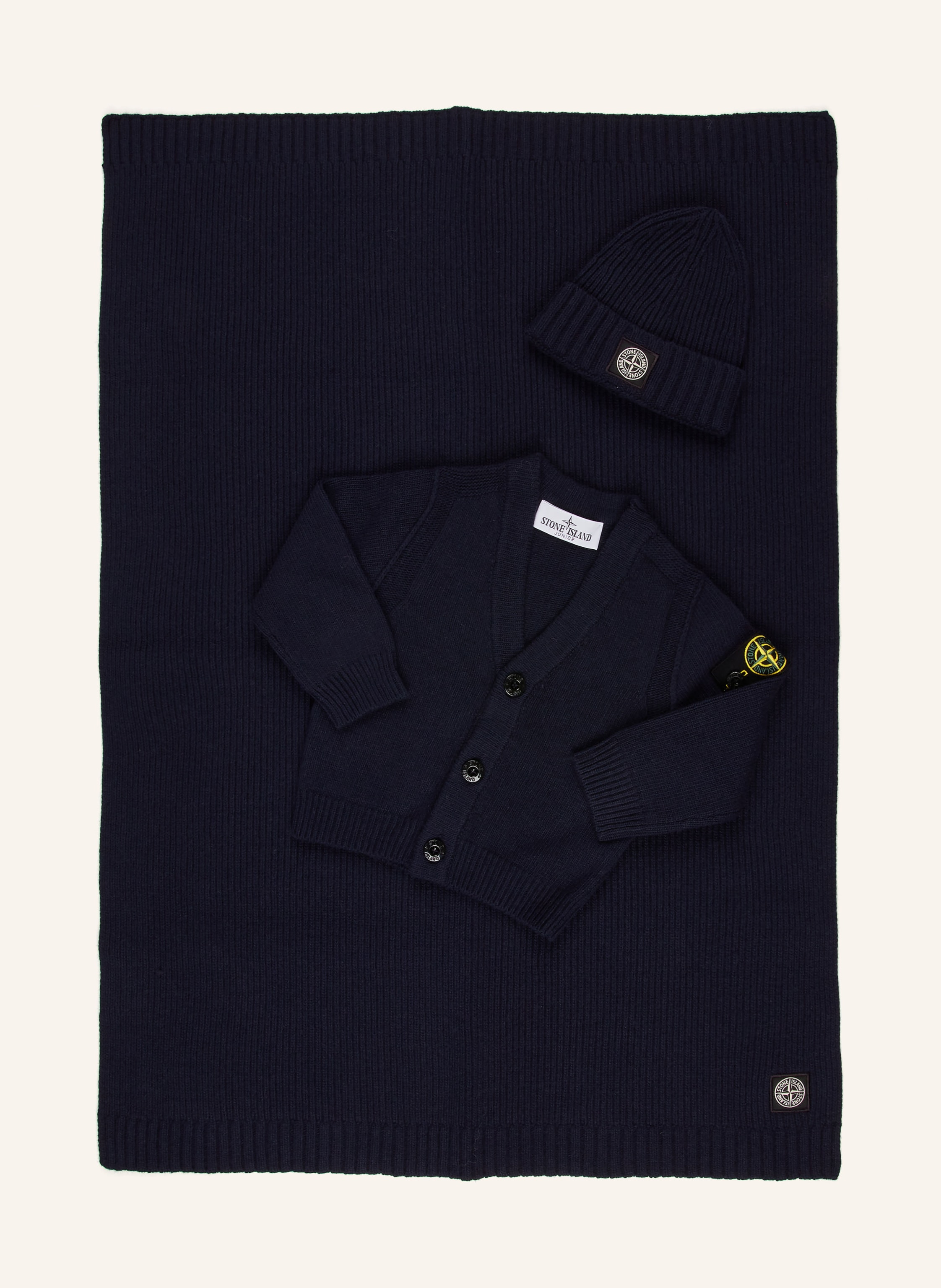 STONE ISLAND JUNIOR Set: Strickjacke, Plaid und Mütze