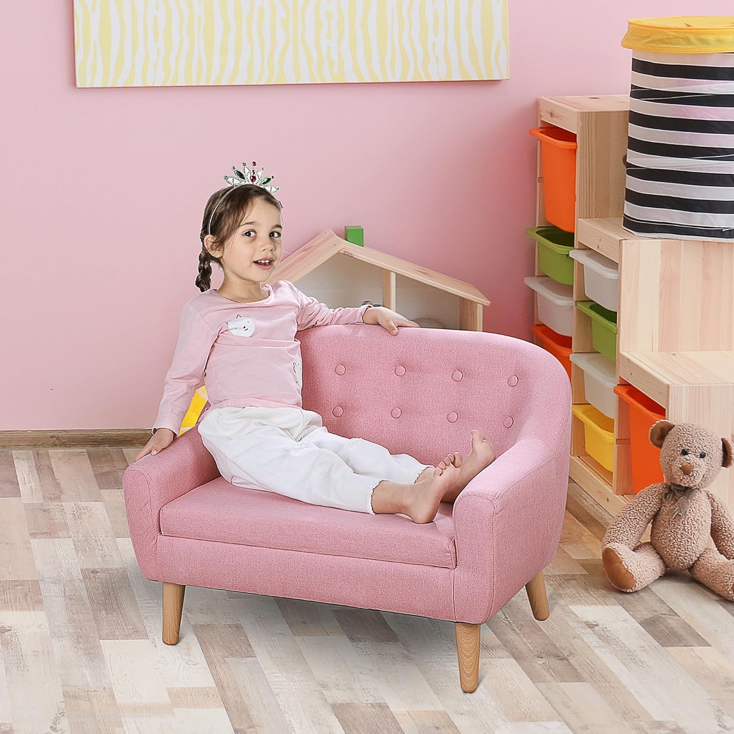 Qaba 2-Seat Kids Sofa, Toddler Sofa Couch, Linen-Like Fabric and Wooden Frame Sofa Chair for Ages 3-7, 11 High Seat, Pink