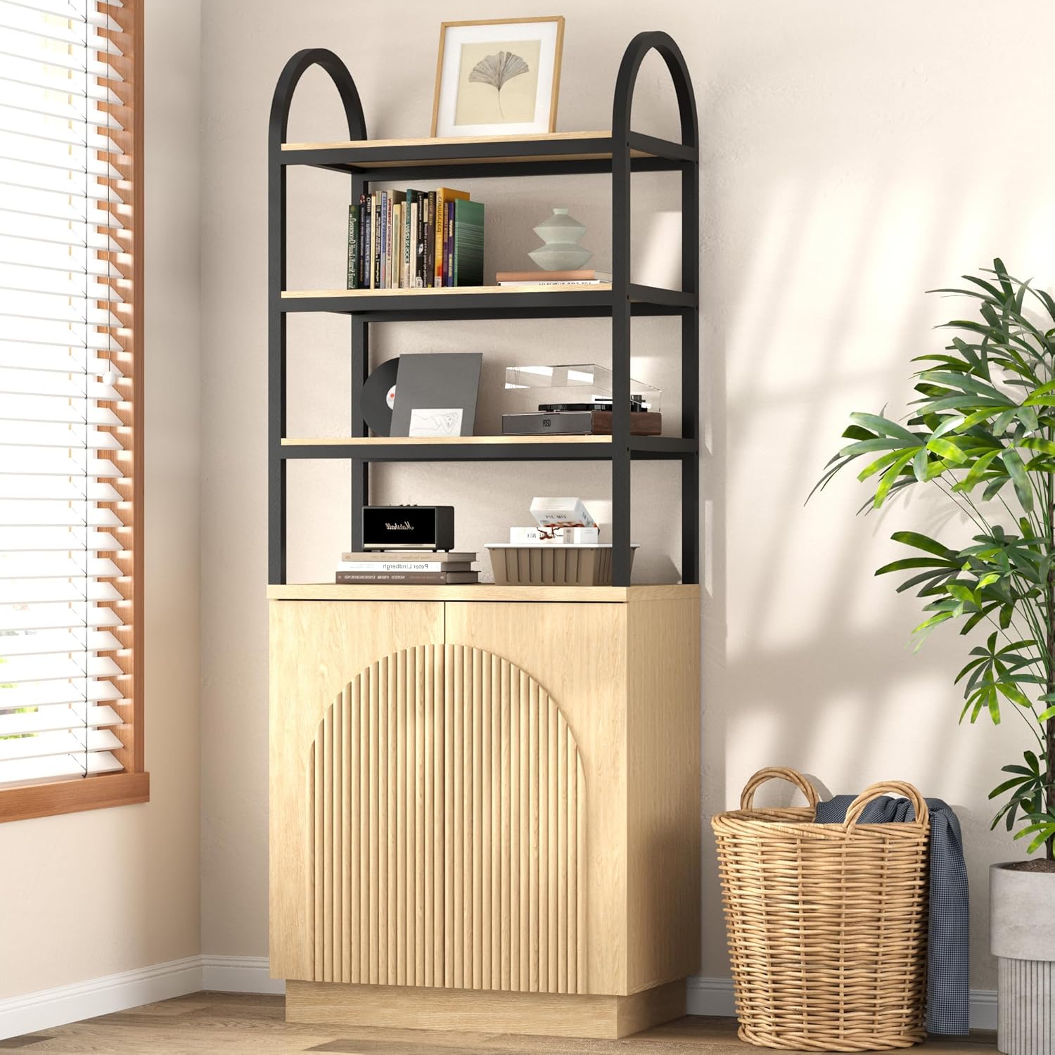 Brafab 71 Arched Bookcase with Reeded Design Doors, 7-Tier Bookshelf with Storage and Cabinet,Metal Frame Adjustable Shelves, for Living Room, Office, Library,Study (Natural Oak, 1 PCS)