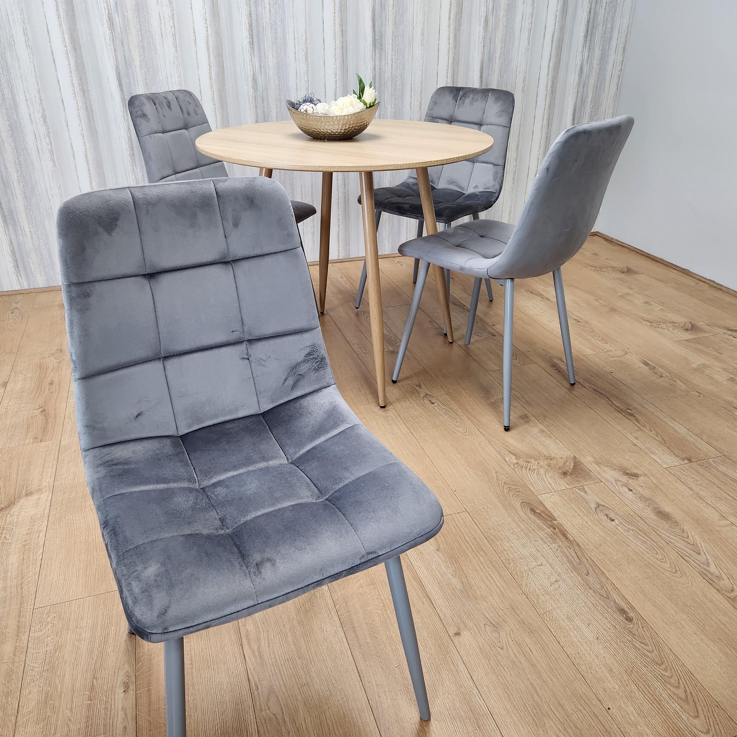 KOSY KOALA Round Oak Effect Kitchen Dining Table With 4 Grey Velvet Tufted Chairs Dining Set